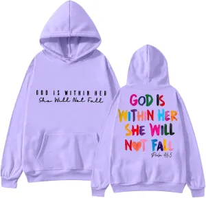 God is Within Her She Will Not Fall Jesus Hoodies for Women Teen Girls Trendy Oversized Graphic Christian Sweatshirt Pullover