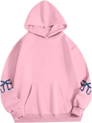 Gumipy Women Bow Print Hoodies Fun Graphic Fleece Oversized Hoodies Sweatshirt Trendy Long Sleeve Spring Hoodies Pullover