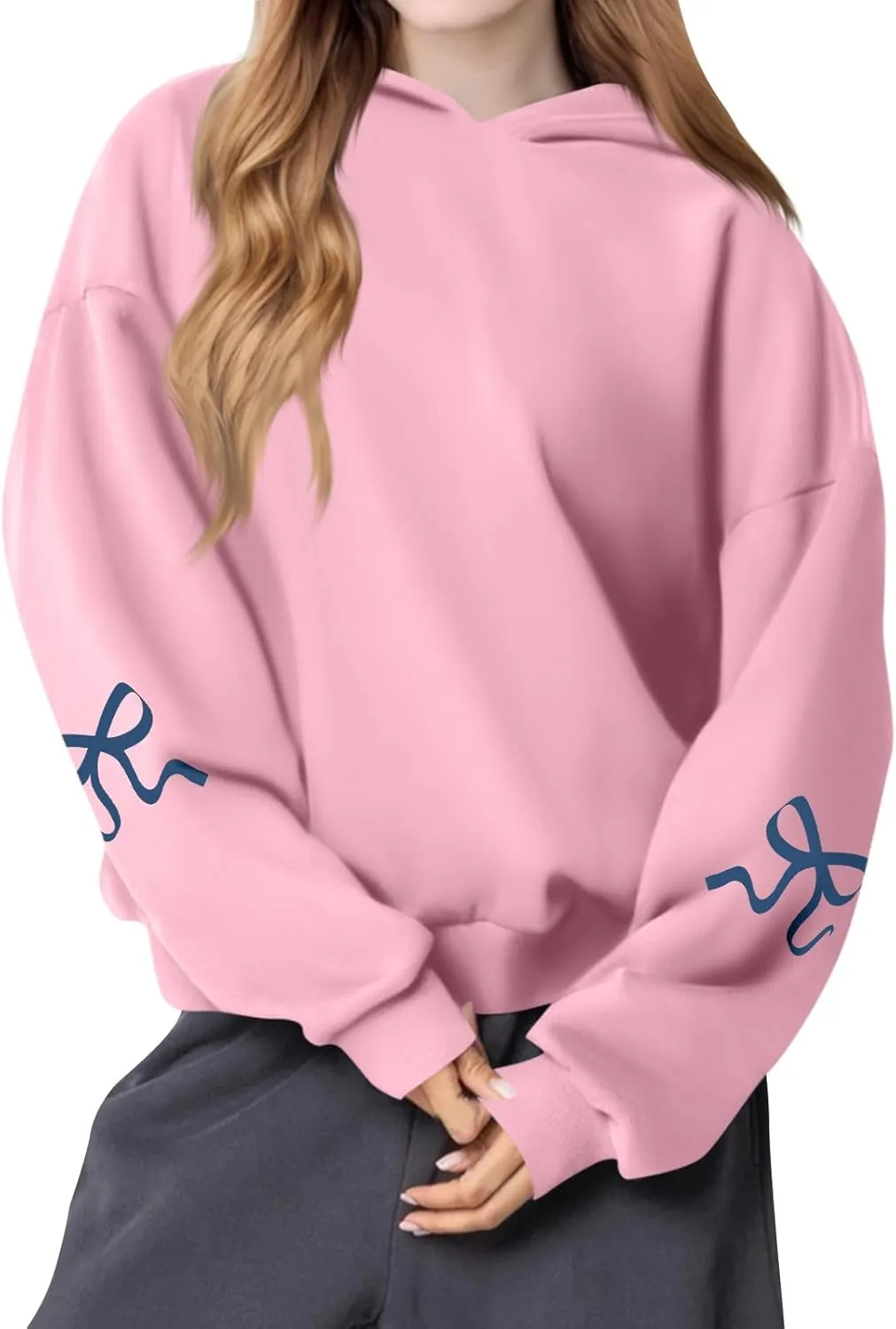 Gumipy Women Bow Print Hoodies Fun Graphic Fleece Oversized Hoodies Sweatshirt Trendy Long Sleeve Spring Hoodies Pullover