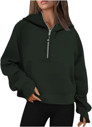 Half Zipper Sweatshirt for Women Stand Collar Fleece Pullover Top Solid Color Cropped T-Shirt Running Sports Blouse