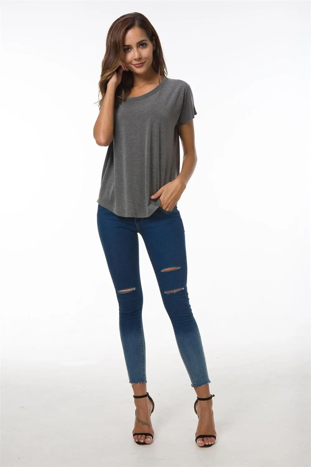 Herou Casual Summer Short Sleeve High Low Loose T Shirt Basic Tees Tops for Women