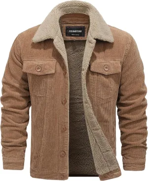 HOW'ON Men's Corduroy Jacket Sherpa Lined Warm Jackets Fur Collar Casual Coats