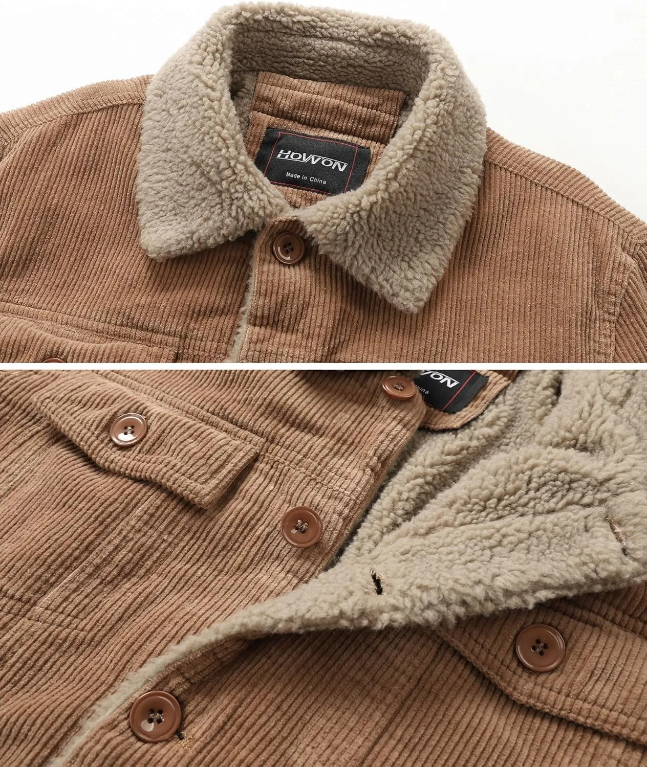 HOW'ON Men's Corduroy Jacket Sherpa Lined Warm Jackets Fur Collar Casual Coats