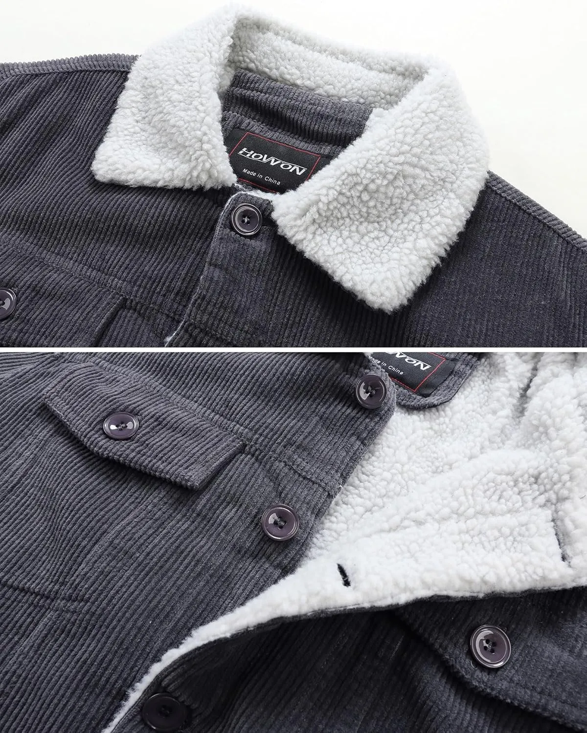 HOW'ON Men's Corduroy Jacket Sherpa Lined Warm Jackets Fur Collar Casual Coats