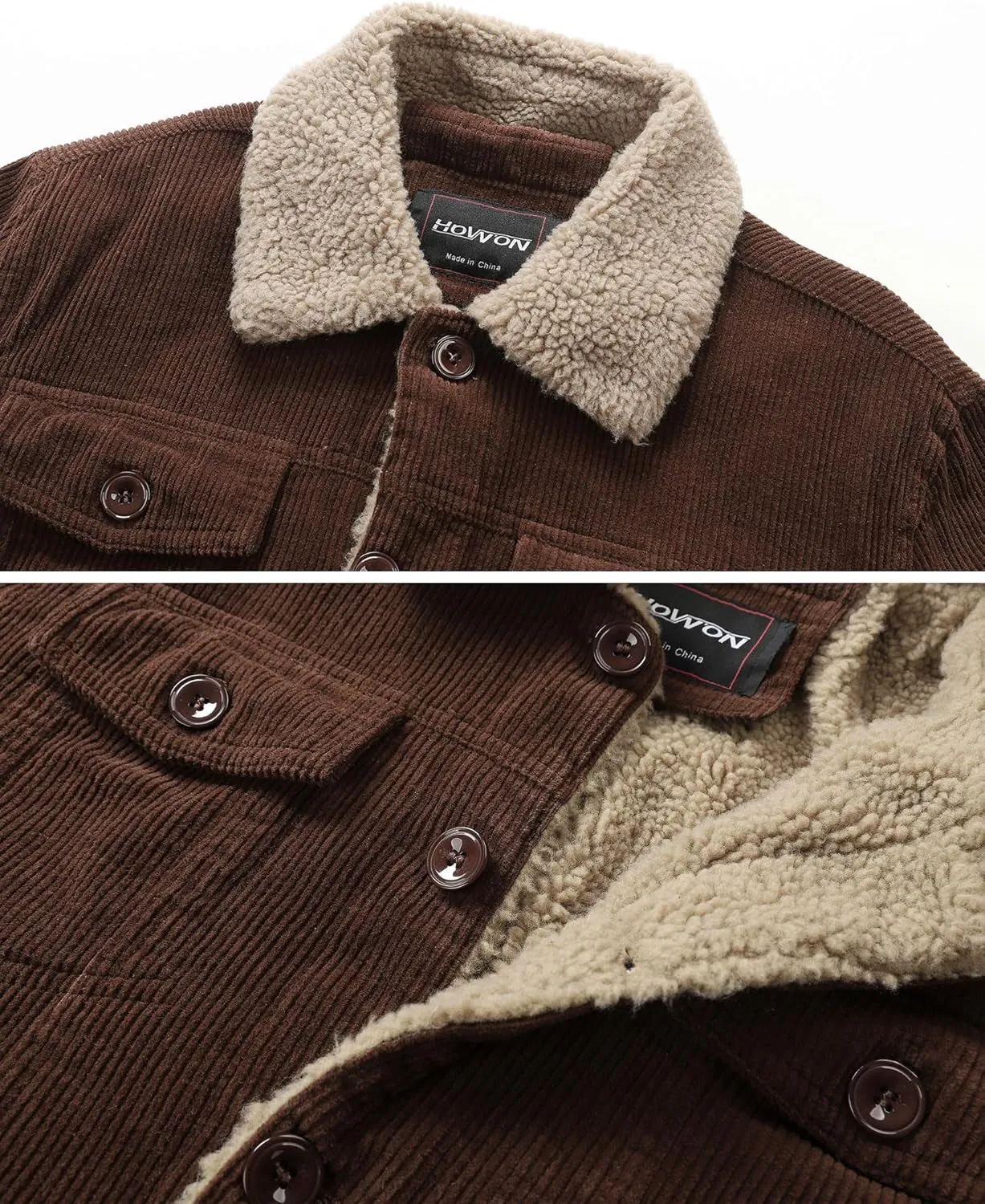 HOW'ON Men's Corduroy Jacket Sherpa Lined Warm Jackets Fur Collar Casual Coats