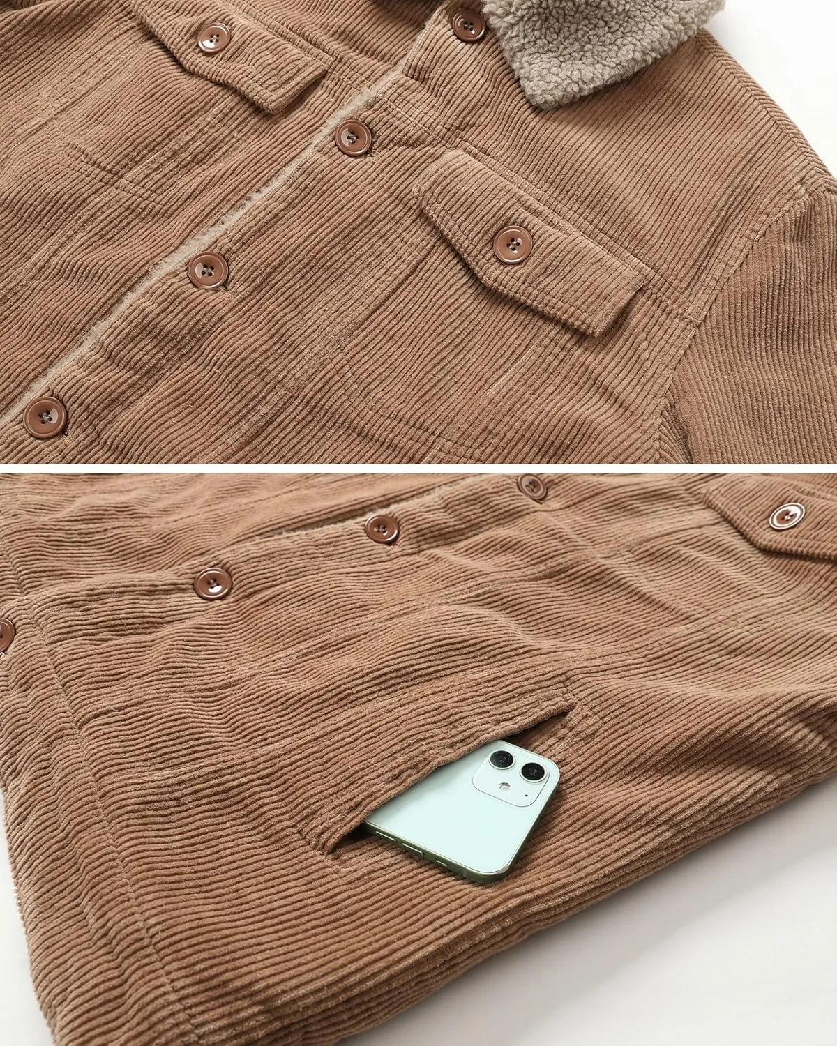 HOW'ON Men's Corduroy Jacket Sherpa Lined Warm Jackets Fur Collar Casual Coats