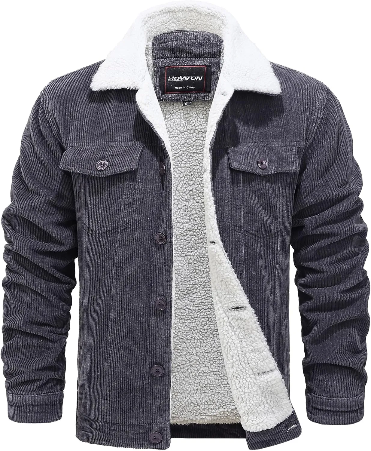 HOW'ON Men's Corduroy Jacket Sherpa Lined Warm Jackets Fur Collar Casual Coats