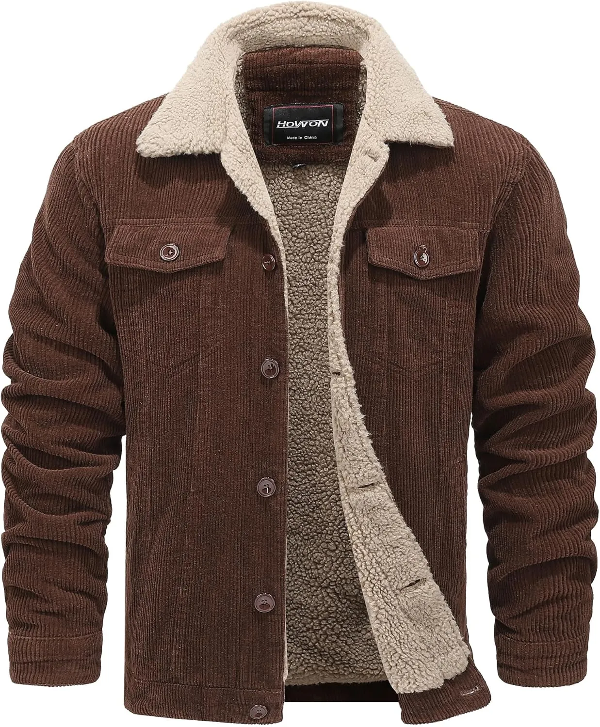 HOW'ON Men's Corduroy Jacket Sherpa Lined Warm Jackets Fur Collar Casual Coats