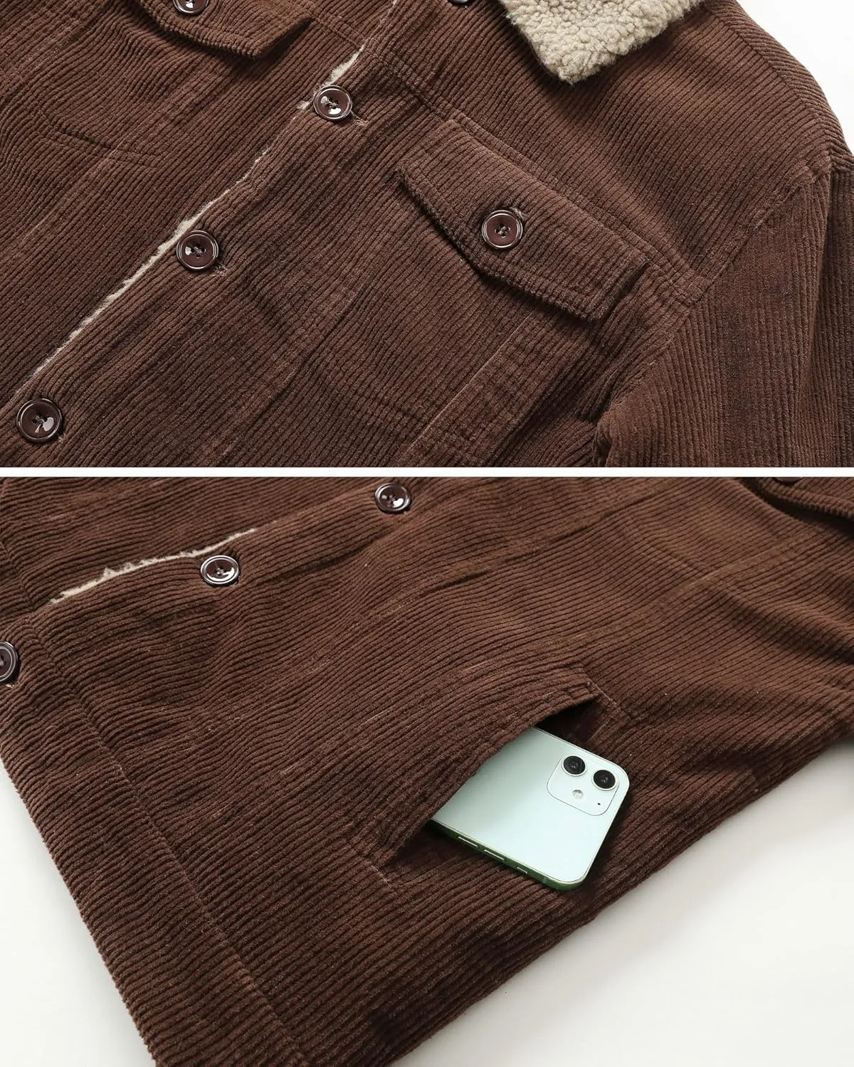 HOW'ON Men's Corduroy Jacket Sherpa Lined Warm Jackets Fur Collar Casual Coats