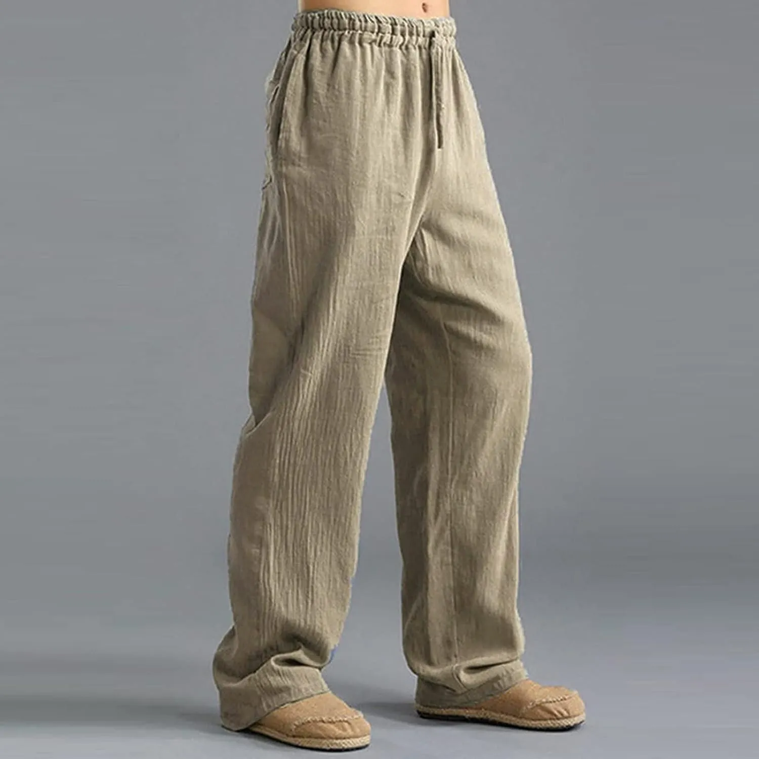 HUANLE Long Pants for Mens Linen Pants Casual Loose Lightweight Drawstring Elastic Waist Summer Yoga Beach Trousers