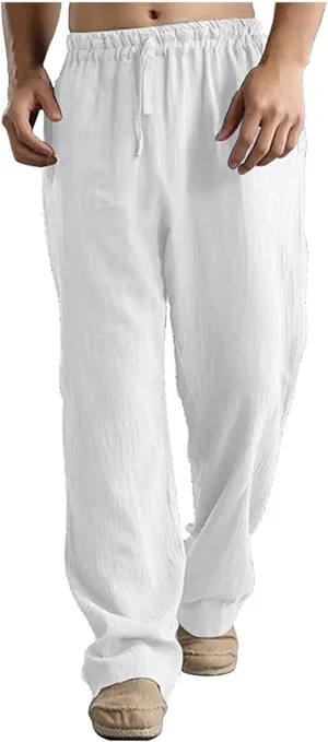 HUANLE Long Pants for Mens Linen Pants Casual Loose Lightweight Drawstring Elastic Waist Summer Yoga Beach Trousers