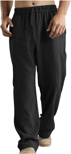 HUANLE Long Pants for Mens Linen Pants Casual Loose Lightweight Drawstring Elastic Waist Summer Yoga Beach Trousers