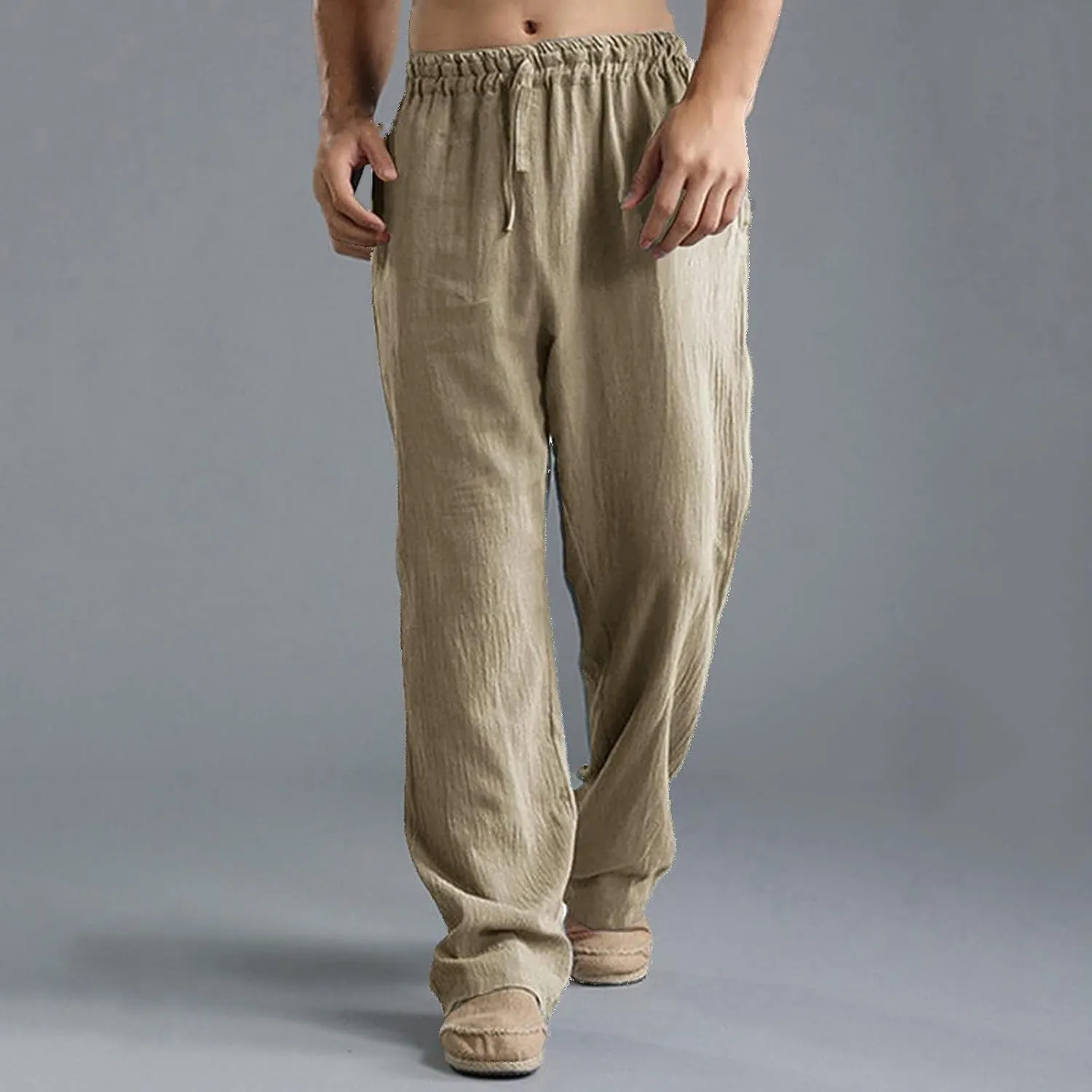 HUANLE Long Pants for Mens Linen Pants Casual Loose Lightweight Drawstring Elastic Waist Summer Yoga Beach Trousers