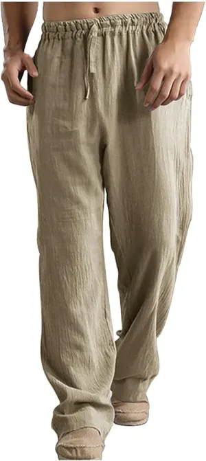 HUANLE Long Pants for Mens Linen Pants Casual Loose Lightweight Drawstring Elastic Waist Summer Yoga Beach Trousers