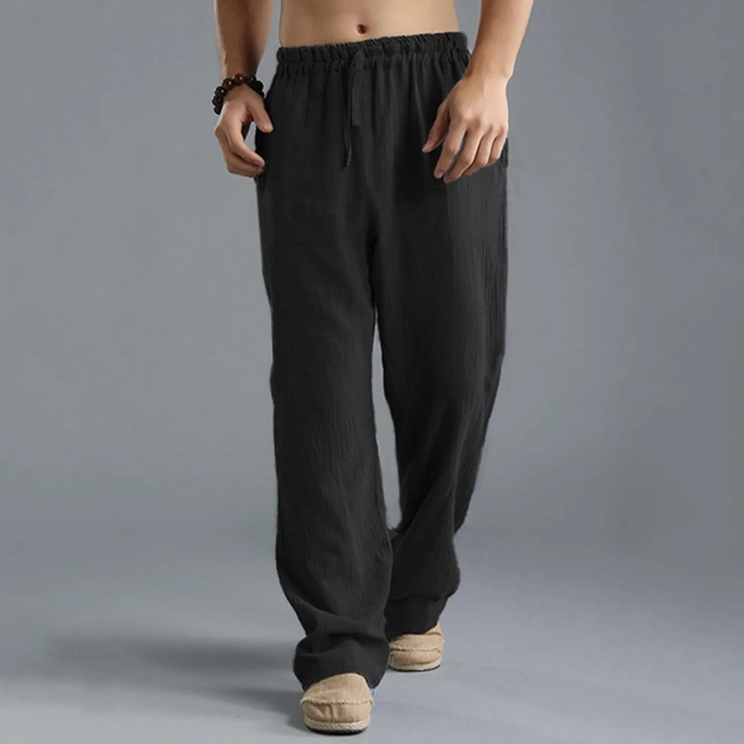 HUANLE Long Pants for Mens Linen Pants Casual Loose Lightweight Drawstring Elastic Waist Summer Yoga Beach Trousers