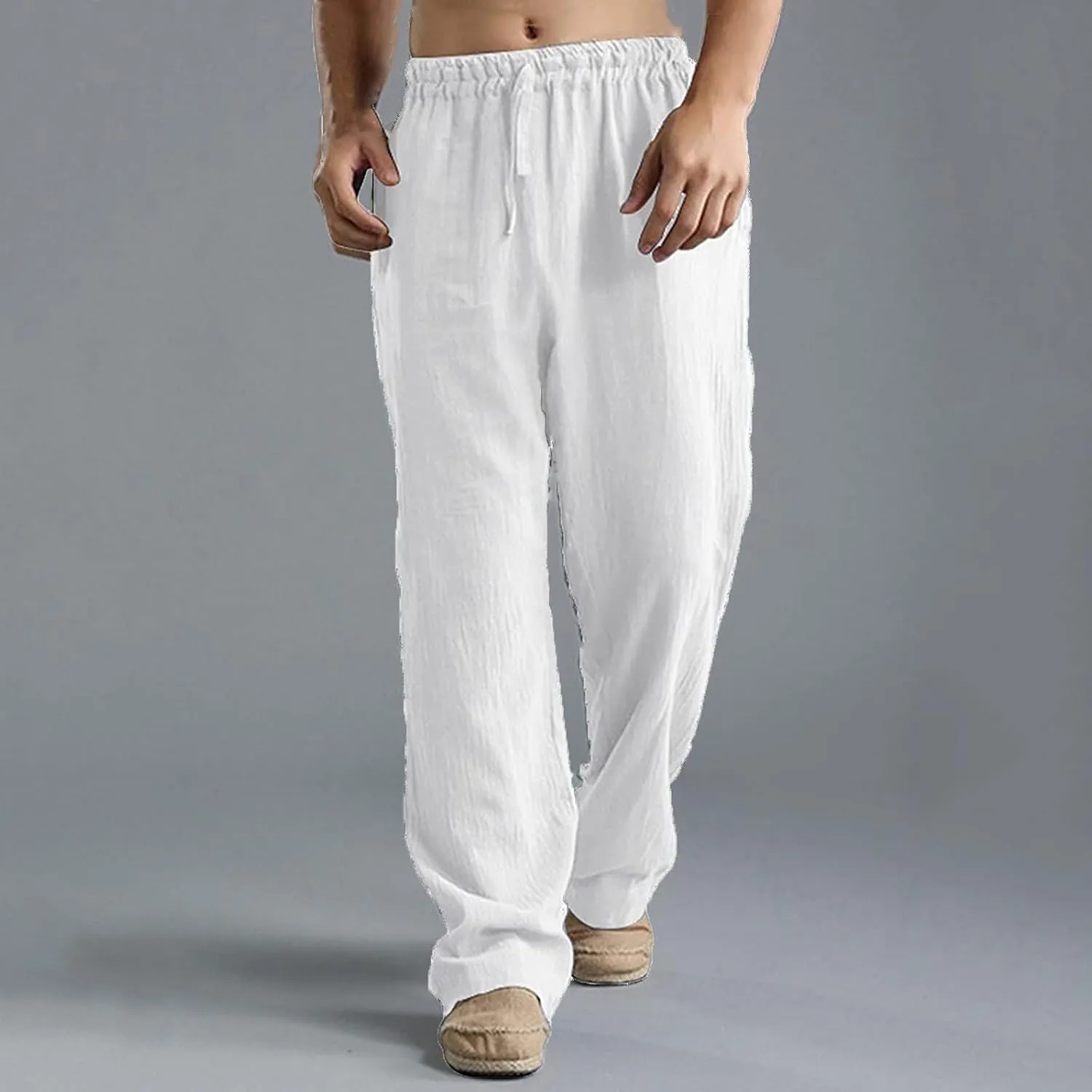 HUANLE Long Pants for Mens Linen Pants Casual Loose Lightweight Drawstring Elastic Waist Summer Yoga Beach Trousers