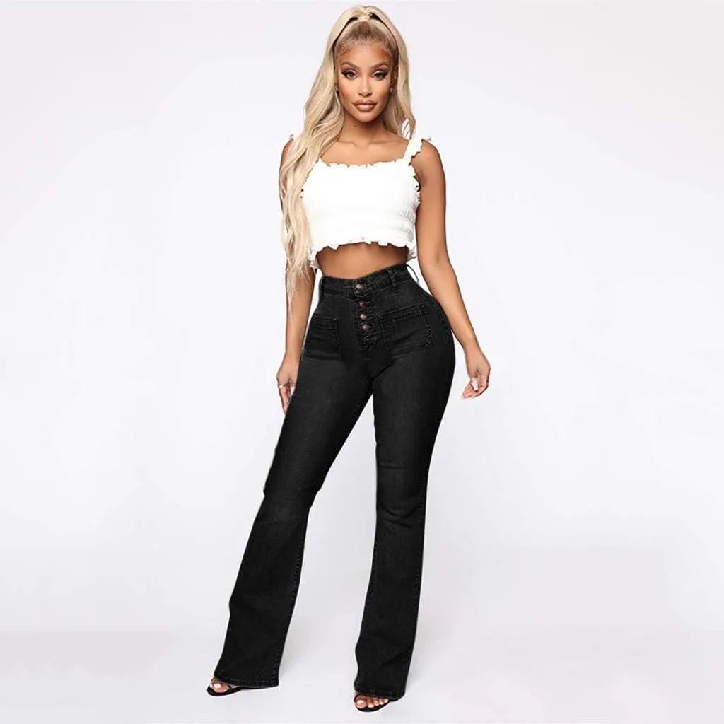 Juniors Bell Bottom High Waist Stretch Fitted Wide Leg Bootcut Denim Flare Jeans Plus Size