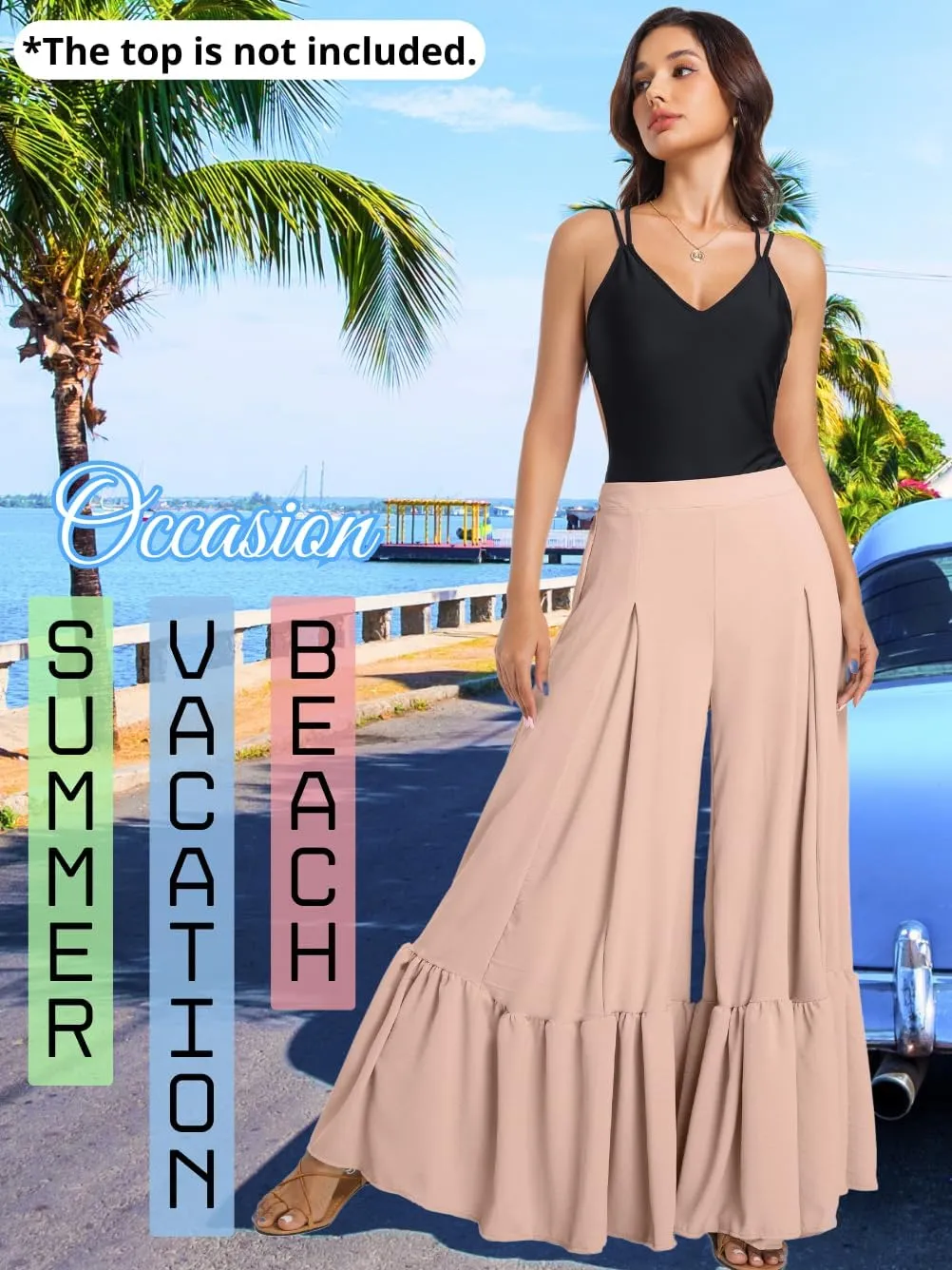 Kaei&Shi Women Casual Palazzo Loose Pants,Flowy Ruffle Wide Leg Baggy Pant Summer