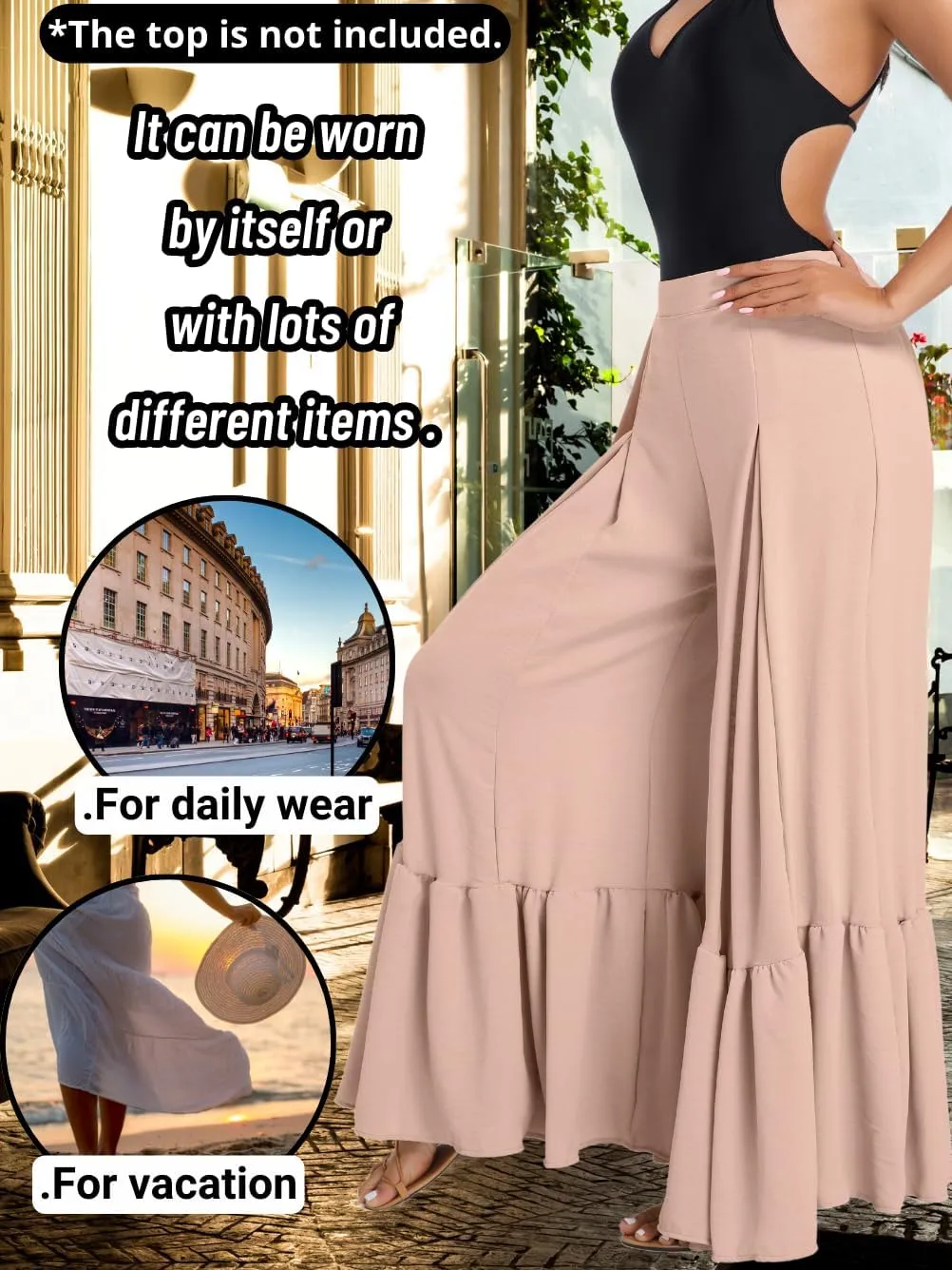 Kaei&Shi Women Casual Palazzo Loose Pants,Flowy Ruffle Wide Leg Baggy Pant Summer