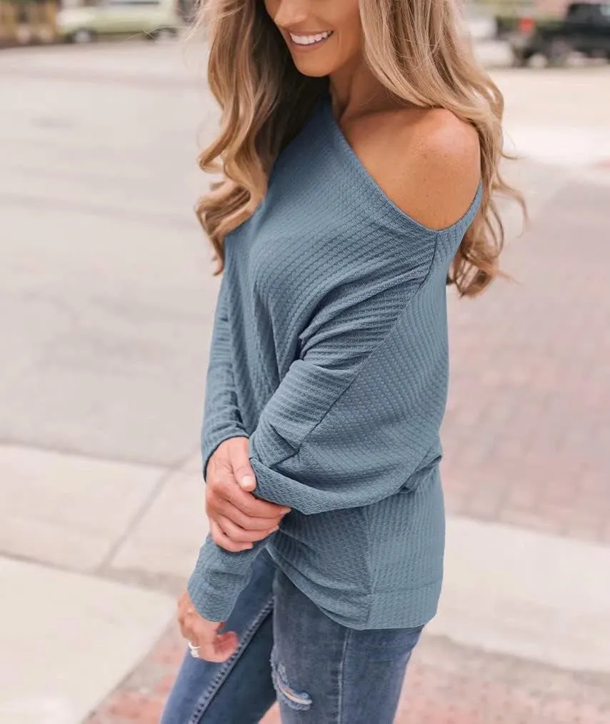 Lacozy Women's Off The Shoulder Tops Waffle Knit Oversized Sweatshirt Long Sleeve Tunic Shirts Pullover Sweaters