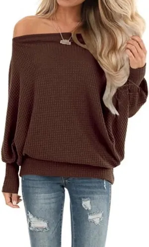 Lacozy Women's Off The Shoulder Tops Waffle Knit Oversized Sweatshirt Long Sleeve Tunic Shirts Pullover Sweaters