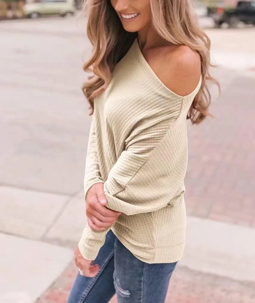 Lacozy Women's Off The Shoulder Tops Waffle Knit Oversized Sweatshirt Long Sleeve Tunic Shirts Pullover Sweaters