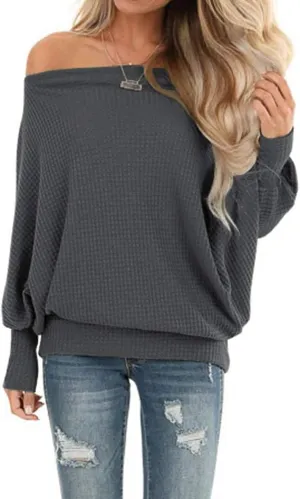 Lacozy Women's Off The Shoulder Tops Waffle Knit Oversized Sweatshirt Long Sleeve Tunic Shirts Pullover Sweaters