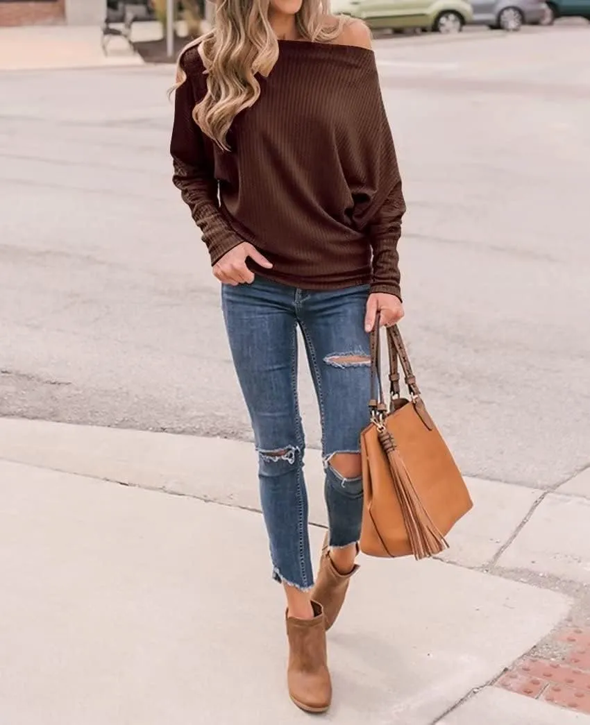 Lacozy Women's Off The Shoulder Tops Waffle Knit Oversized Sweatshirt Long Sleeve Tunic Shirts Pullover Sweaters