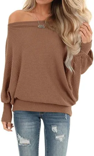 Lacozy Women's Off The Shoulder Tops Waffle Knit Oversized Sweatshirt Long Sleeve Tunic Shirts Pullover Sweaters
