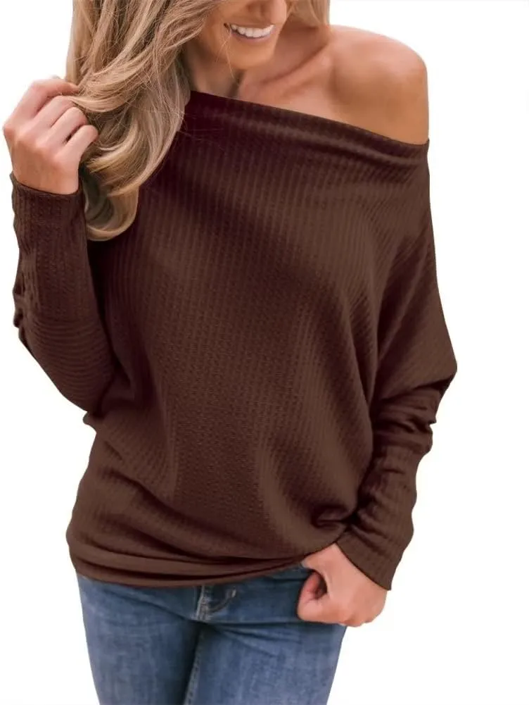 Lacozy Women's Off The Shoulder Tops Waffle Knit Oversized Sweatshirt Long Sleeve Tunic Shirts Pullover Sweaters
