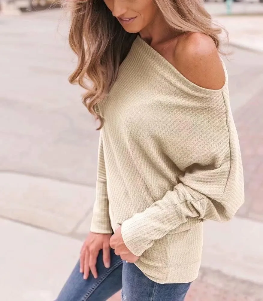 Lacozy Women's Off The Shoulder Tops Waffle Knit Oversized Sweatshirt Long Sleeve Tunic Shirts Pullover Sweaters