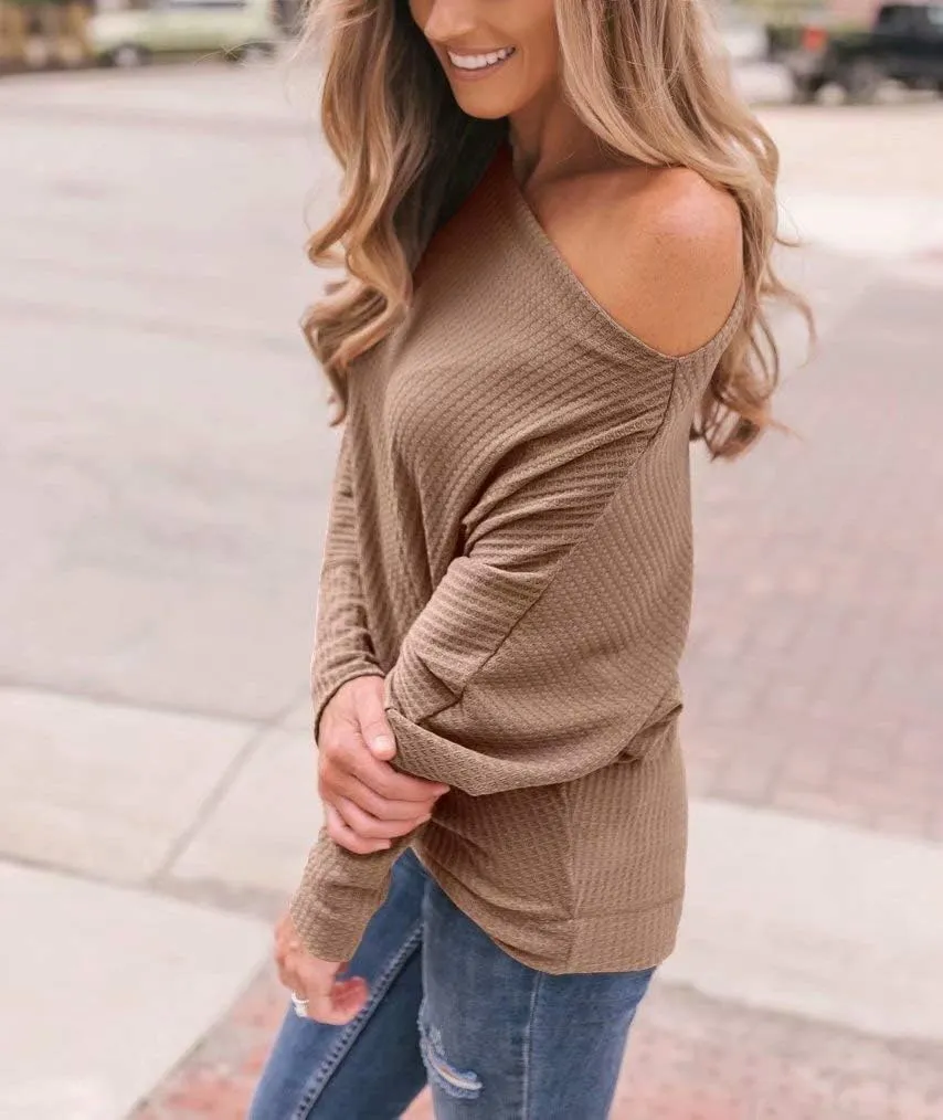 Lacozy Women's Off The Shoulder Tops Waffle Knit Oversized Sweatshirt Long Sleeve Tunic Shirts Pullover Sweaters