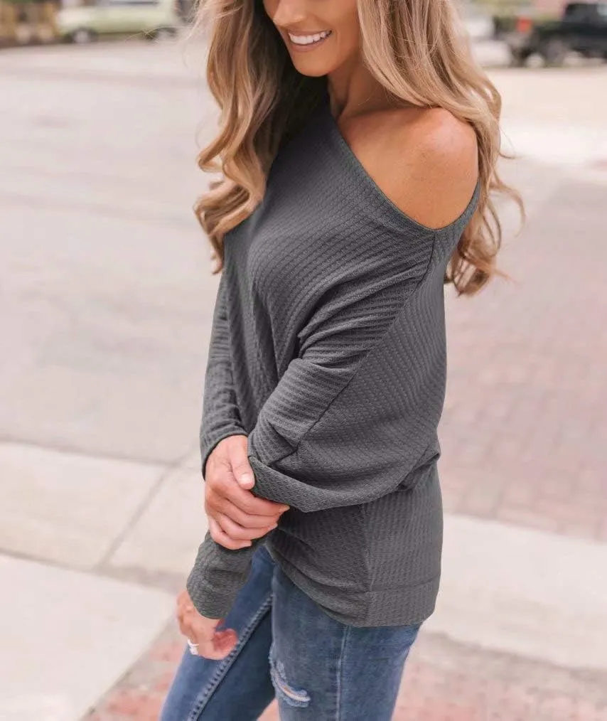 Lacozy Women's Off The Shoulder Tops Waffle Knit Oversized Sweatshirt Long Sleeve Tunic Shirts Pullover Sweaters