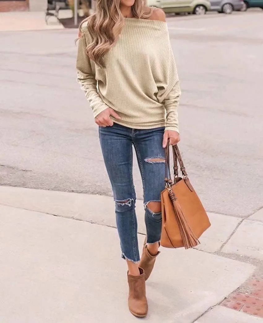 Lacozy Women's Off The Shoulder Tops Waffle Knit Oversized Sweatshirt Long Sleeve Tunic Shirts Pullover Sweaters