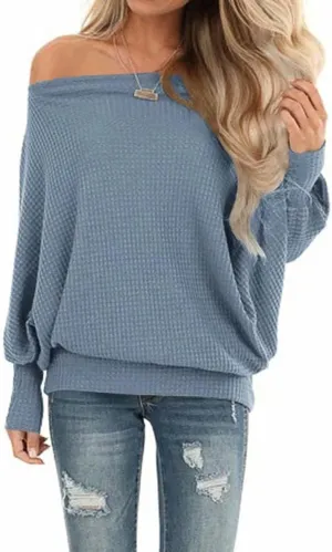 Lacozy Women's Off The Shoulder Tops Waffle Knit Oversized Sweatshirt Long Sleeve Tunic Shirts Pullover Sweaters
