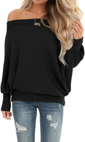Lacozy Women's Off The Shoulder Tops Waffle Knit Oversized Sweatshirt Long Sleeve Tunic Shirts Pullover Sweaters