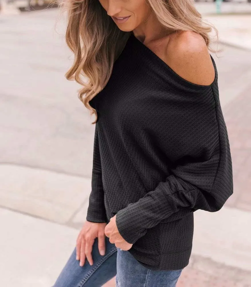 Lacozy Women's Off The Shoulder Tops Waffle Knit Oversized Sweatshirt Long Sleeve Tunic Shirts Pullover Sweaters