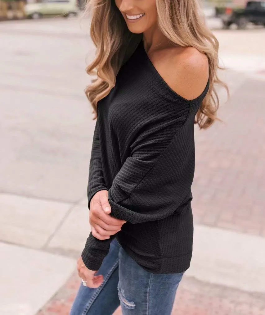Lacozy Women's Off The Shoulder Tops Waffle Knit Oversized Sweatshirt Long Sleeve Tunic Shirts Pullover Sweaters