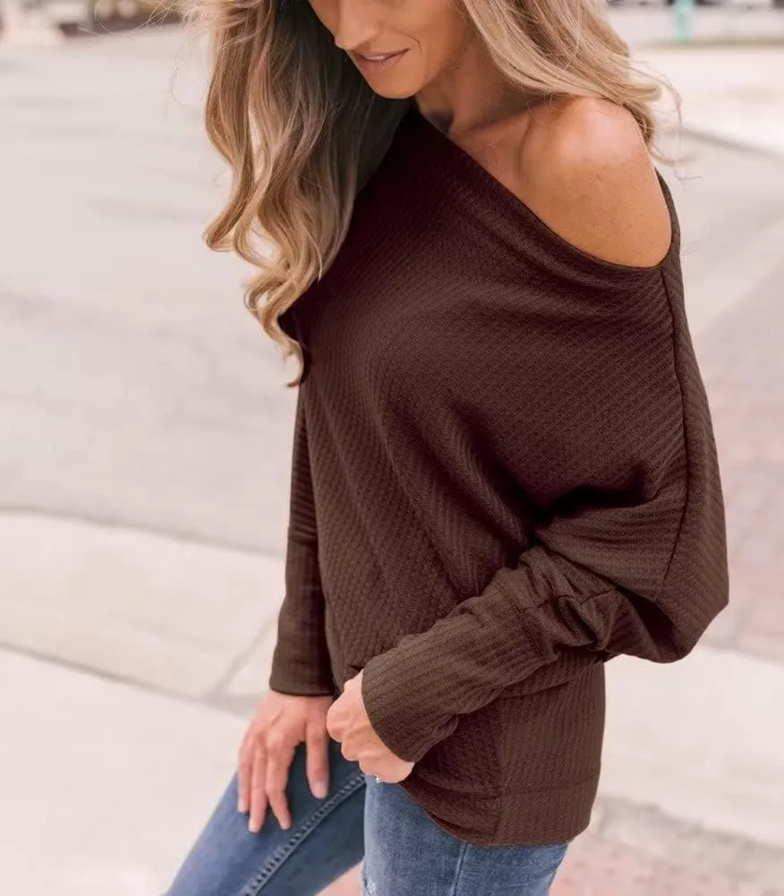Lacozy Women's Off The Shoulder Tops Waffle Knit Oversized Sweatshirt Long Sleeve Tunic Shirts Pullover Sweaters