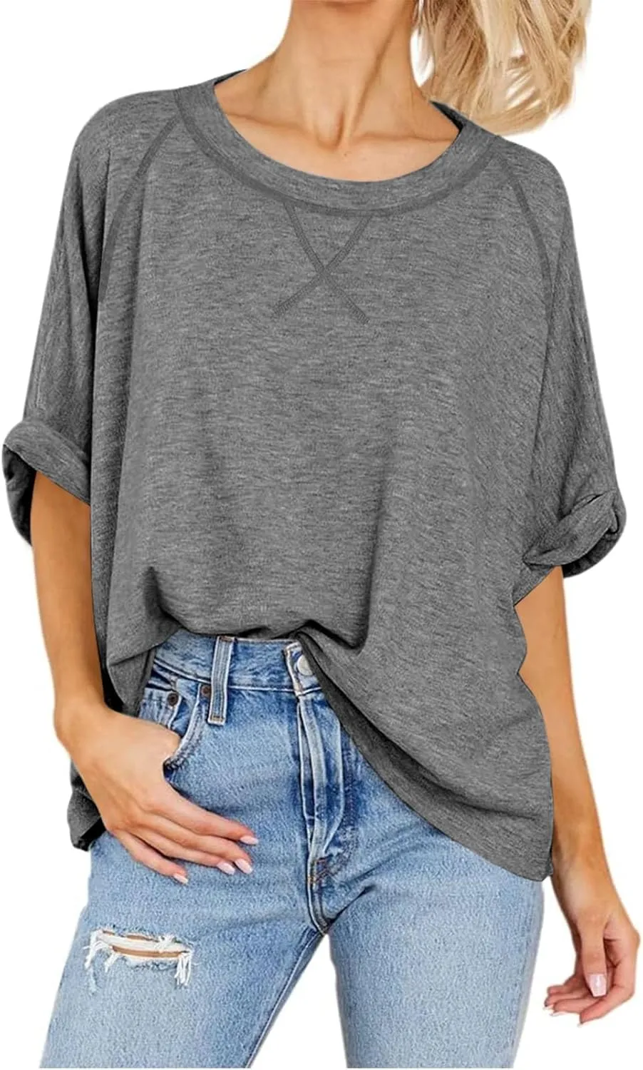 Langwyqu Oversized Tshirts Summer Short Sleeve Shirts Casual Loose Fit Basic Tees