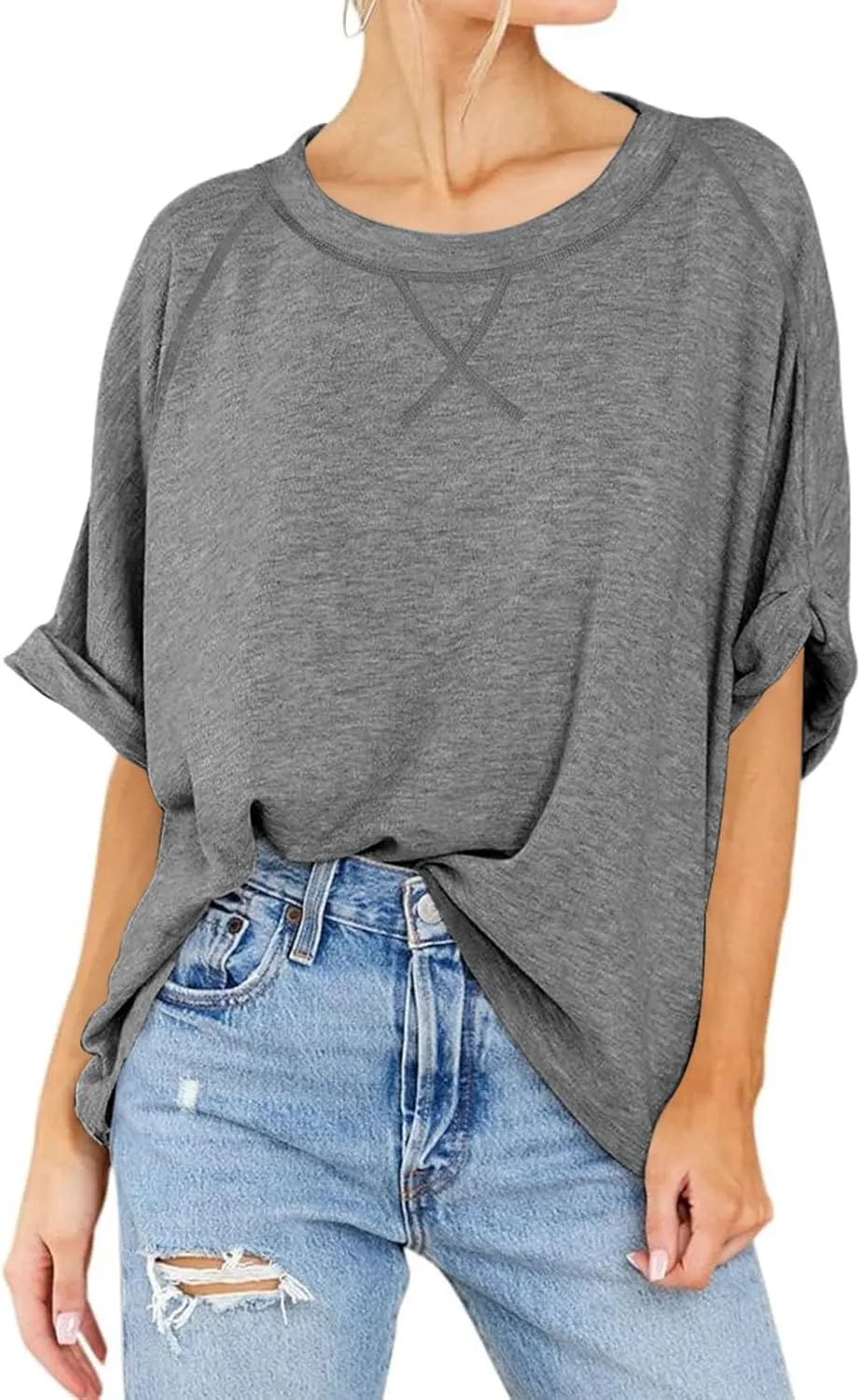 Langwyqu Oversized Tshirts Summer Short Sleeve Shirts Casual Loose Fit Basic Tees