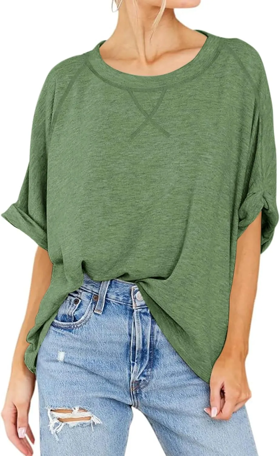 Langwyqu Oversized Tshirts Summer Short Sleeve Shirts Casual Loose Fit Basic Tees