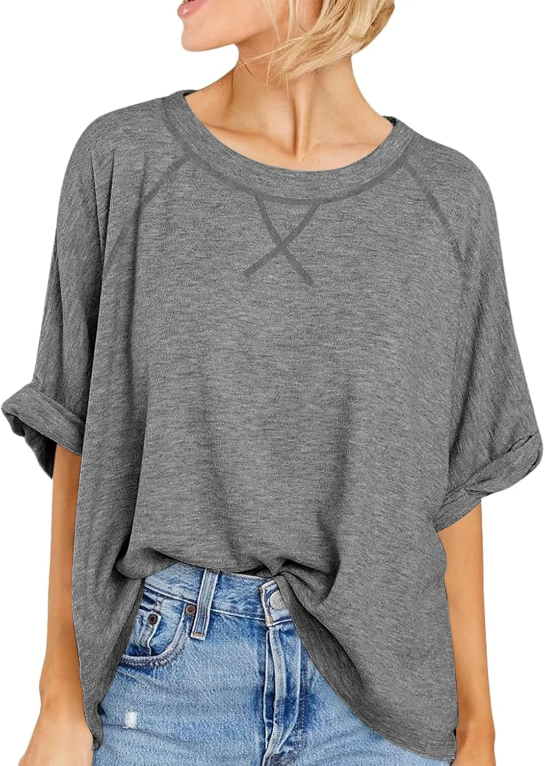 Langwyqu Oversized Tshirts Summer Short Sleeve Shirts Casual Loose Fit Basic Tees