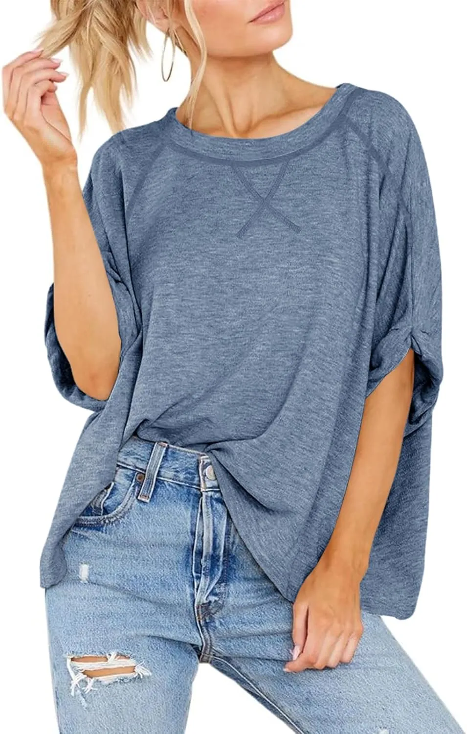 Langwyqu Oversized Tshirts Summer Short Sleeve Shirts Casual Loose Fit Basic Tees