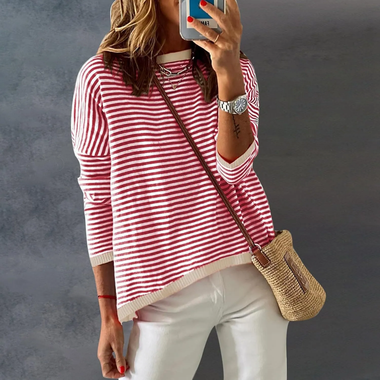 Light Sweatshirt for Women Fashion Casual Round Neck Striped Tops Long Sleeved Sweater Hoodless Hoodie