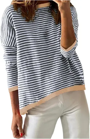 Light Sweatshirt for Women Fashion Casual Round Neck Striped Tops Long Sleeved Sweater Hoodless Hoodie