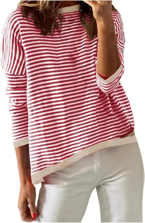 Light Sweatshirt for Women Fashion Casual Round Neck Striped Tops Long Sleeved Sweater Hoodless Hoodie