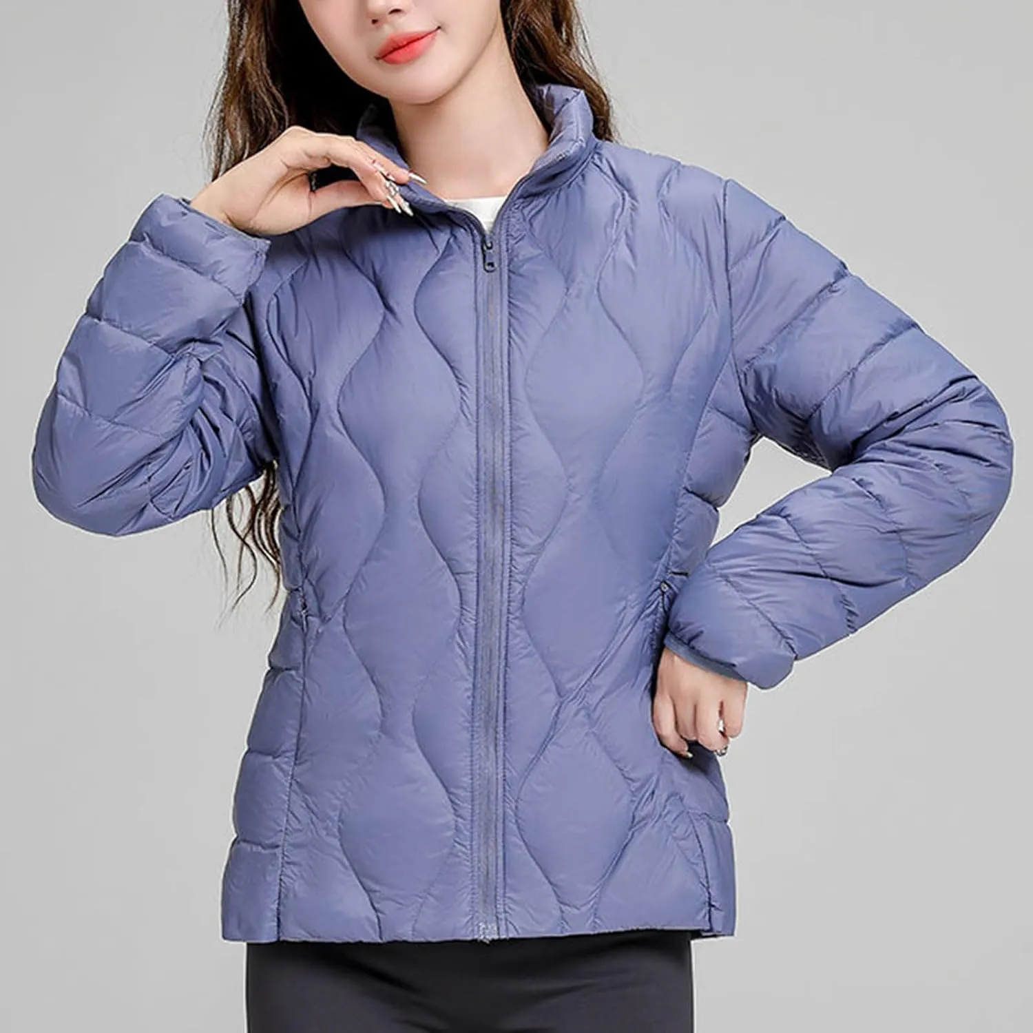 Lightweight Quilted Jackets for Women Stand Collar Jacket Zip up Puffer Jacket Padded Down Jacket with Pockets