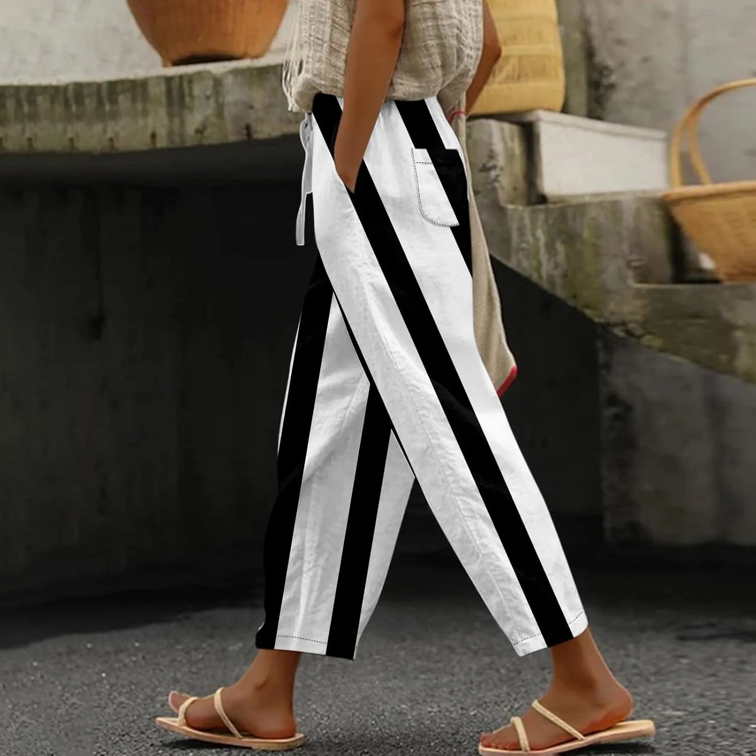 Linen Pants for Women Vacation Drawstring Casual Work Pants Solid Summer Trousers Lounge Fashion with Pockets Outfit