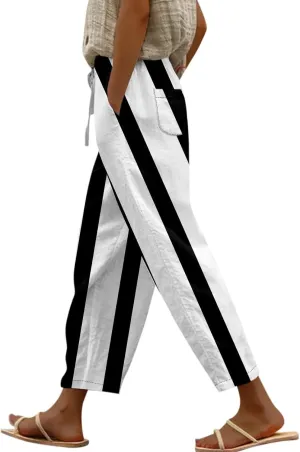 Linen Pants for Women Vacation Drawstring Casual Work Pants Solid Summer Trousers Lounge Fashion with Pockets Outfit